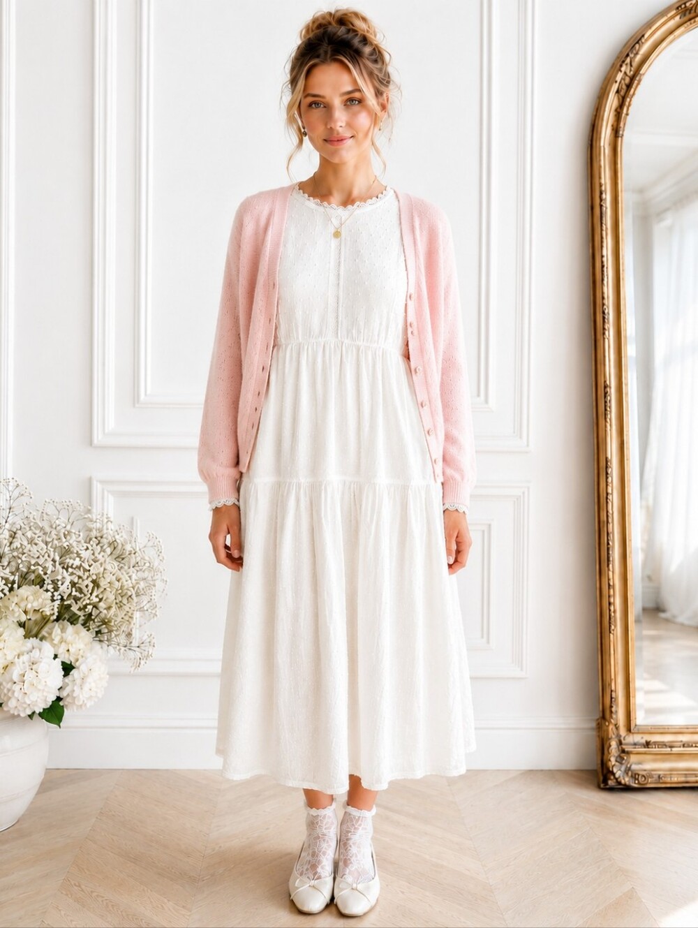 White Swiss Dot Lace Accent Midi Dress | Romantic Cottagecore | Size Medium